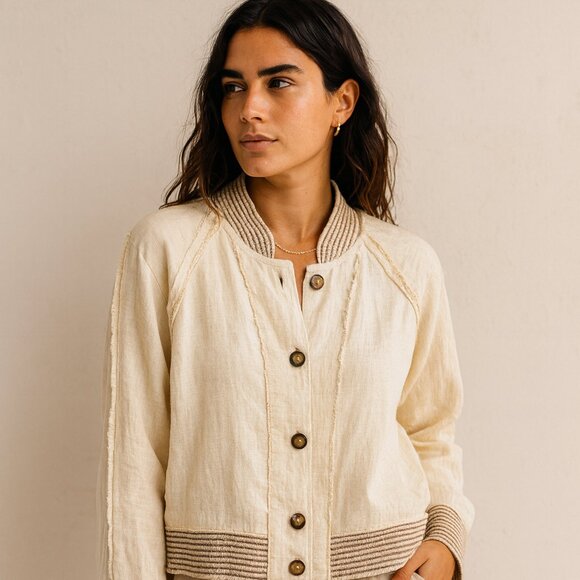 Lara Norman Linen Jacket Cream Beige Size XXL Made in Italy Boho Resort Chic - Picture 2 of 14